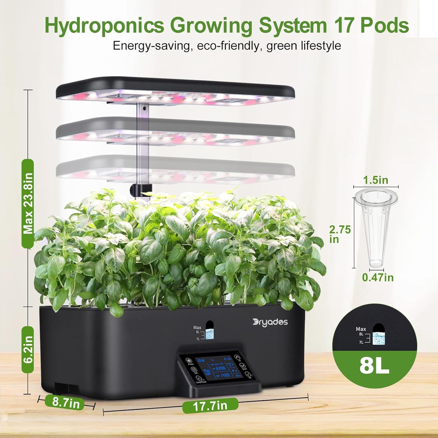 Sistem de creștere hidroponică de interior cu setări inteligente de program de iluminare, ghiveci pentru grădină de plante aromatice cu lumină de creștere cu spectru complet, 17 capsule, negru
