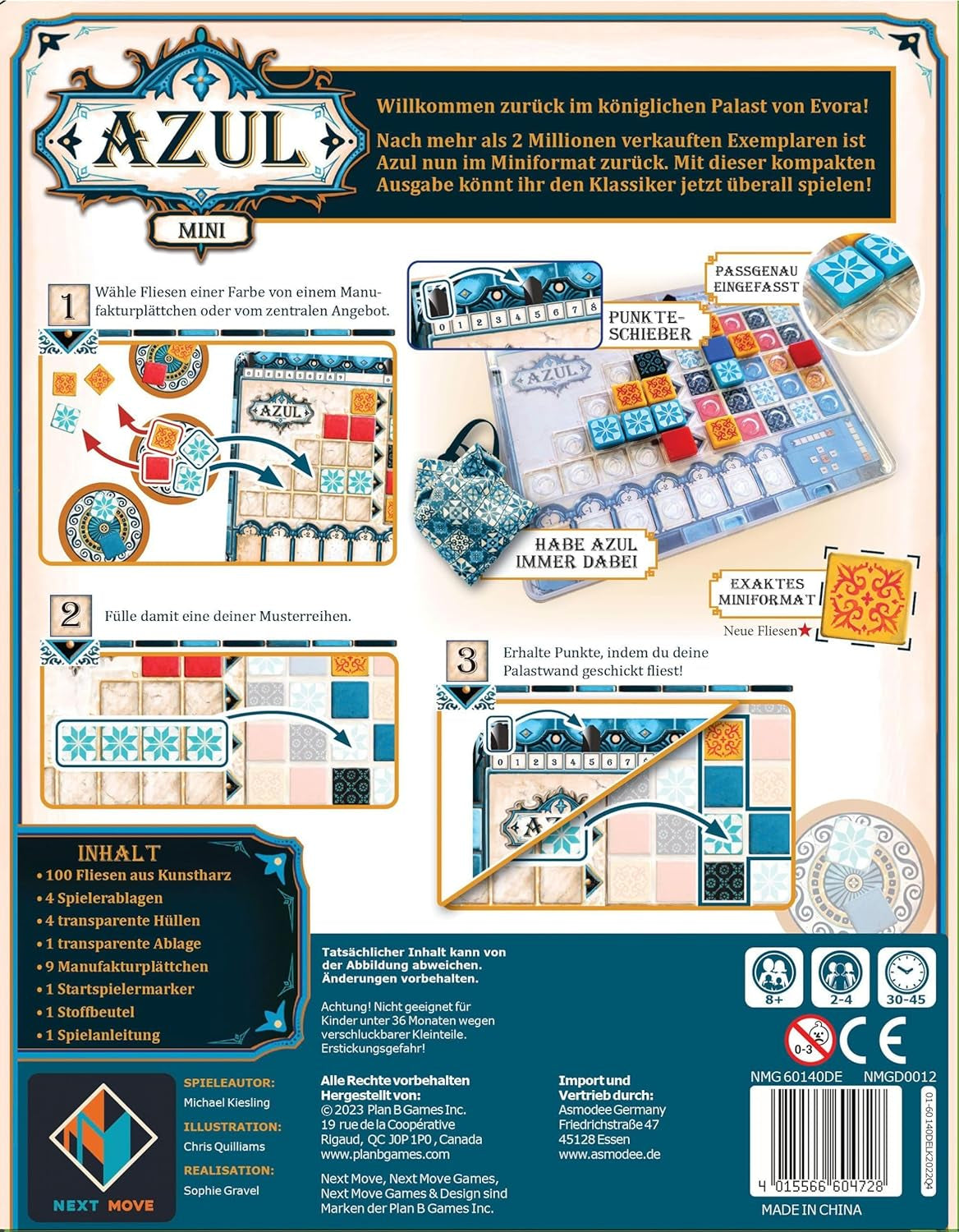 Next Move Games, Azul Mini, joc de familie, joc de societate, 2-4 jucători, vârste 8+, 30-45 de minute, germană