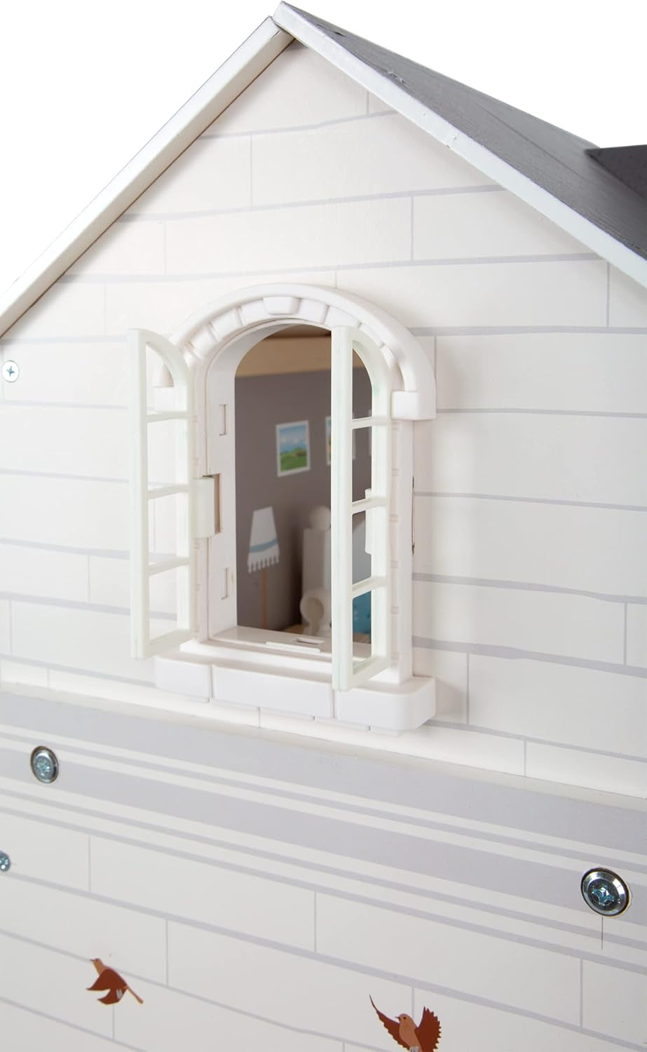 Casă de păpuși Small Foot Vilă de oraș din lemn, cu 3 etaje, față deschisă și 12 mobilier, pentru copii de la 3 ani, 11802, alb gri Casute de papusi Naty Shop
