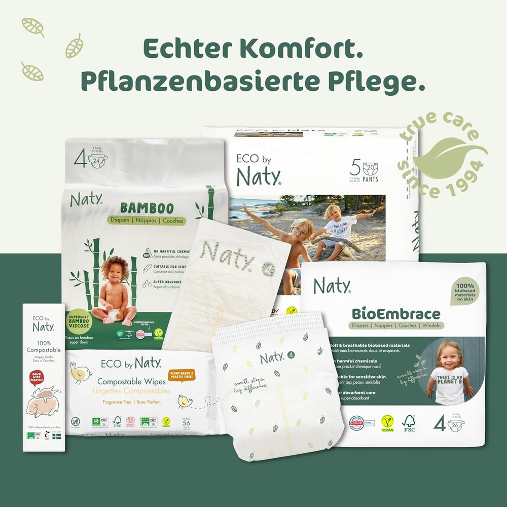 Scutece pentru bebeluși Naty BioEmbrace, mărimea 5 (11–25 kg) | 100% materiale pe bază de plante, delicate cu pielea | Moliciune respirabilă, testate dermatologic, absorbție excelentă | 80 buc.