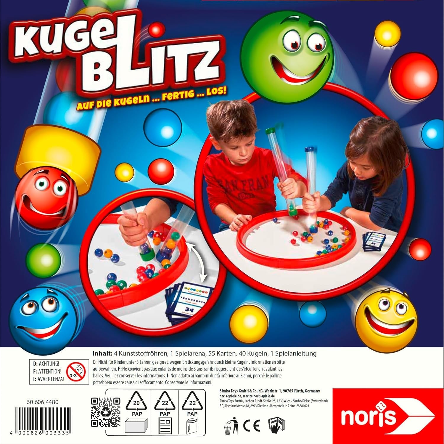 Noris 606064480 Kugelblitz, jocul de acțiune rapid ca fulgerul cu efect de învățare în diverse variante de joc, de la 4 ani