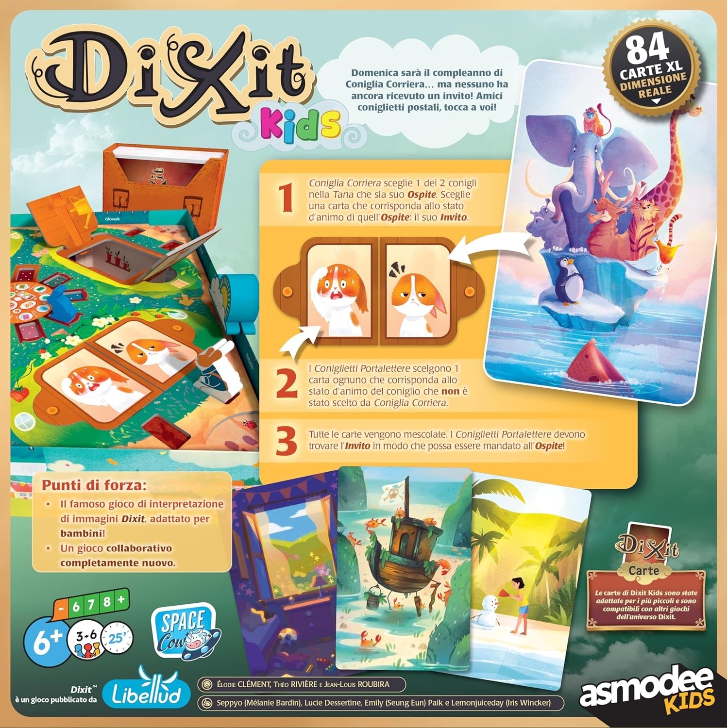 Asmodee Kids - Dixit Kids, joc de societate pentru imaginație și fantezie pentru copii și întreaga familie, cărți de joc ilustrate, 3-6 jucători, vârste 6+, 25 min, ediție italiană