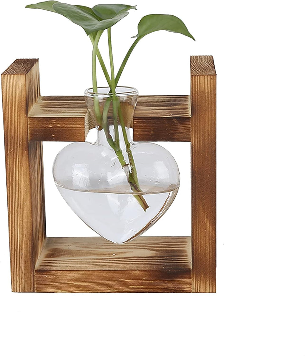 Terariu cu plante cu suport din lemn, vază de masă în formă de inimă, plante hidroponice din sticlă transparentă pentru decorarea grădinii de acasă, decorațiune hidroponică cu flori pentru birou, living, bucătărie (A)