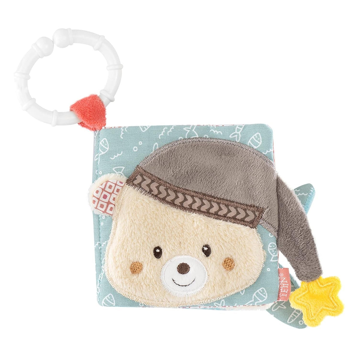 Fehn Soft picture book Bruno - carte moale pentru bebeluși din țesătură cu motive de animale - carte jucărie din țesătură de agățat pentru cărucioare și scaune auto pentru bebeluși - carte cu pocnitori pentru bebeluși și copii de la 0+ luni Jucarii Bebe Naty Shop Bruno