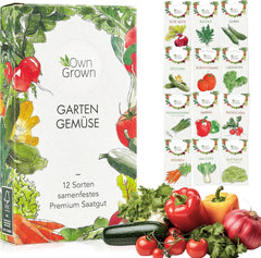 OwnGrown Gemüse Samen Set - 12 Pflanzensamen Sorten für Hochbeet und Garten - Praktische Box mit Gemüsesamen für den Anbau Frischer Ernte zu Hause - Ideal für Gartenliebhaber