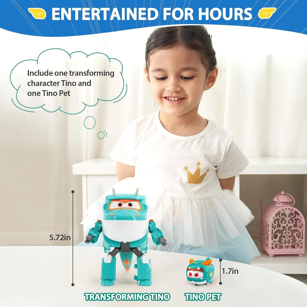 Super Wings EU770447 - Transforming Tino & Pet, figură de joacă transformabilă cu înălțimea de aprox. 14,5 cm și animal de companie cu înălțimea de aprox. 4,3 cm, pentru copii cu vârsta de peste 3 ani Action figures Naty Shop