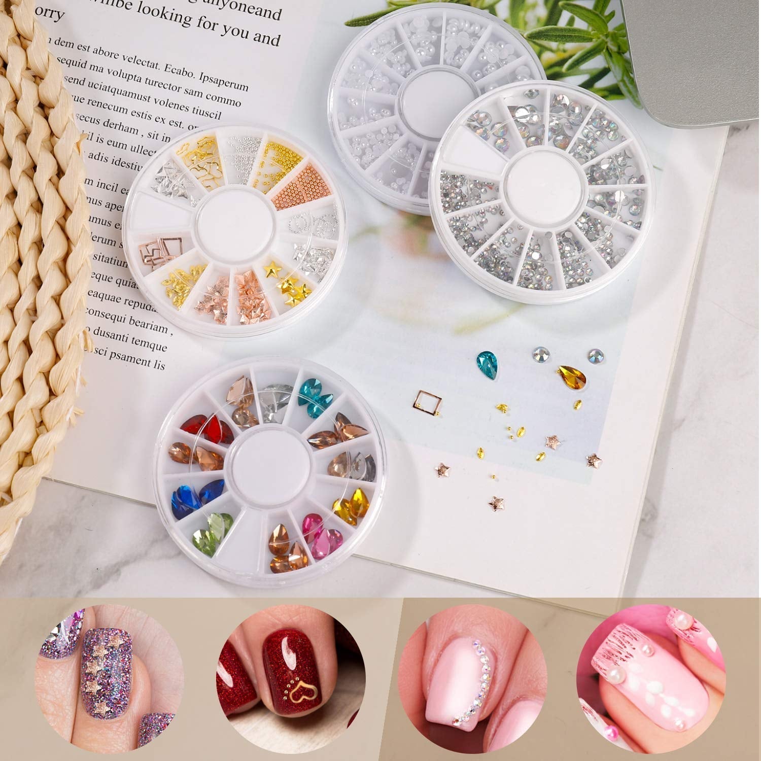 Nail Art Dekorationen & Nagelpinsel Set, Nageldesign Zubehör, Nagelset 5 Stk 2 Wege Punktierung Stift, 15 Malerei Polnisch Pinsel Set, 10 Streifenband, 4 Boxen Bunte Nagel Rhinestones Dekoration