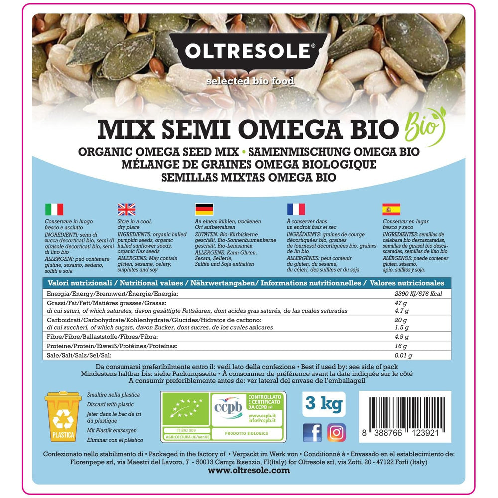 Mix organic de semințe Omega 3 kg (amestec de semințe de dovleac, floarea-soarelui și in), un amestec de 3 semințe oleaginoase crude întregi, bogat în proteine, fibre și acizi grași omega-3