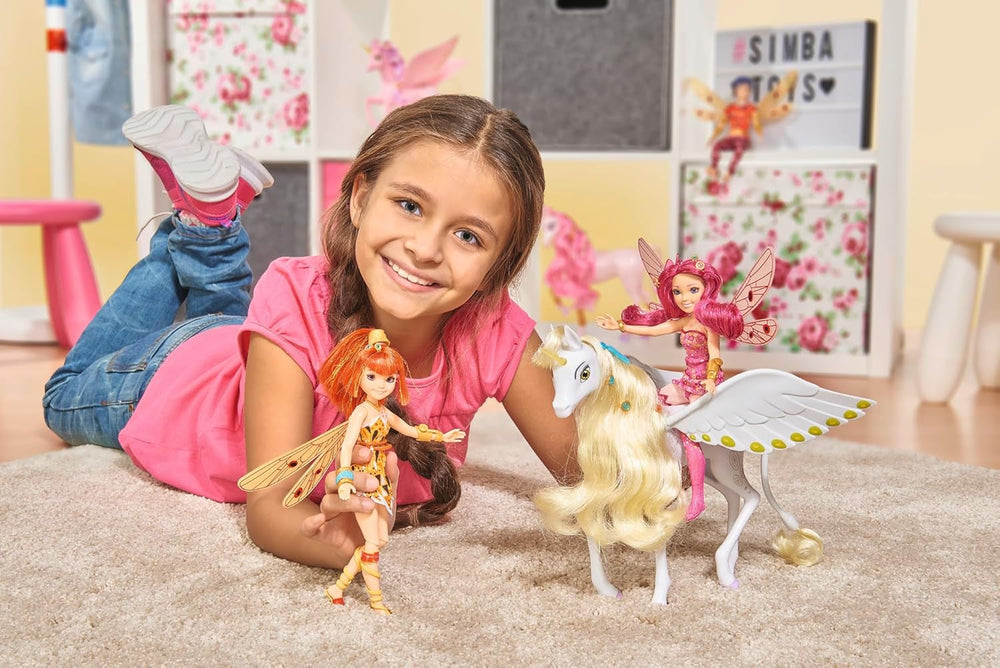 Simba 109480093 - Mia and Me Unicorn Onchao, cu aripi mobile, agrafe de păr, perie de coafat, cal de jucărie, ponei, Centopia, vârste 3+, roz