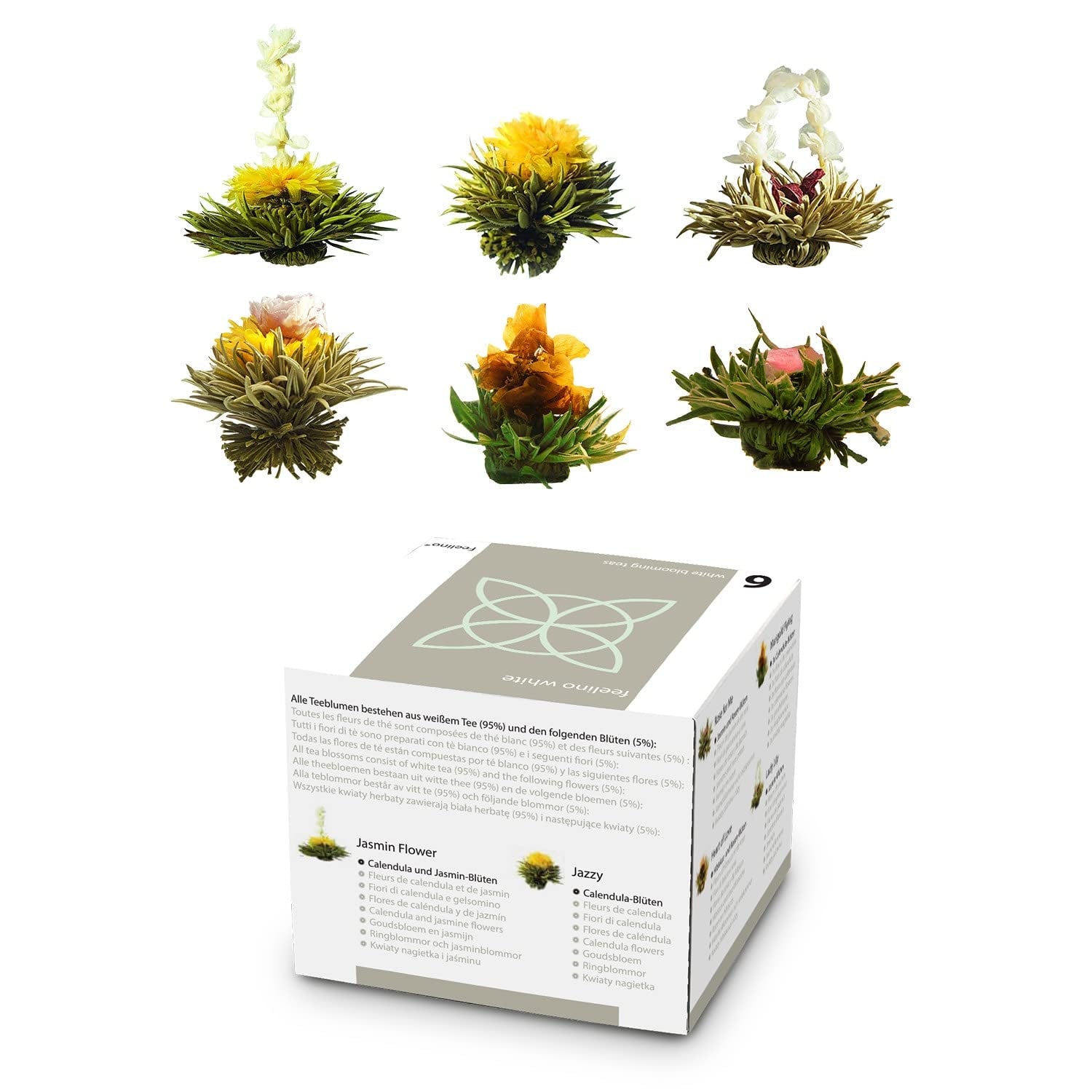 Feelino Cutie mixtă elegantă cu 6 bucăți - Flori de ceai Feelino White într-o cutie superbă de degustare și cadou cu 6 trandafiri de ceai alb diferiți, ambalați individual în vid, pachet cu 1 bucată