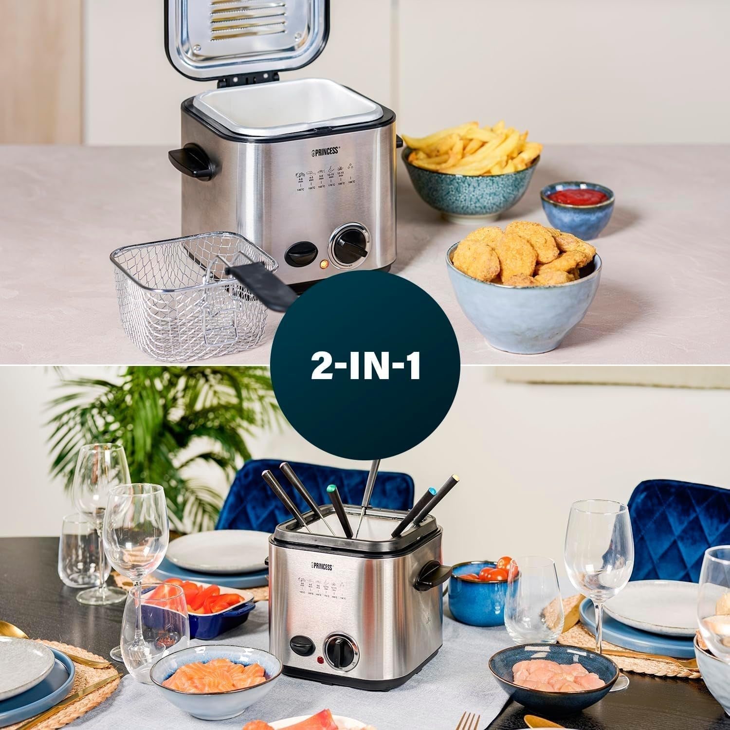 Princess 182611 Mini friteuză pentru fondue - Încălzire rapidă - Filtru de mirosuri - Capacitate de 1,2 litri, argintiu Electrocasnice Naty Shop