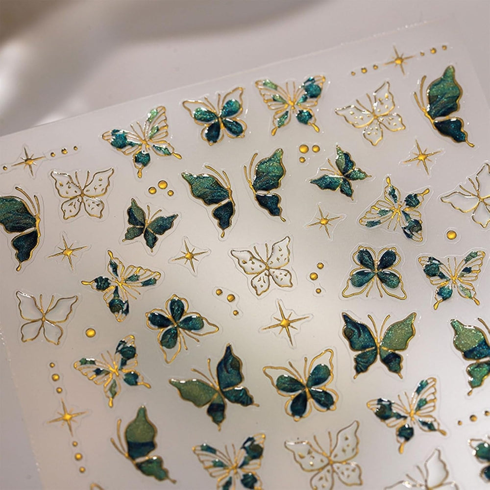 JMEOWIO 3D Nagelsticker Grün Gold Schmetterling Nail Art Sticker Selbstklebend Nagelaufkleber 5D Stereoskopisch Dekoration Nageldesign Zubehör 1 Blatt