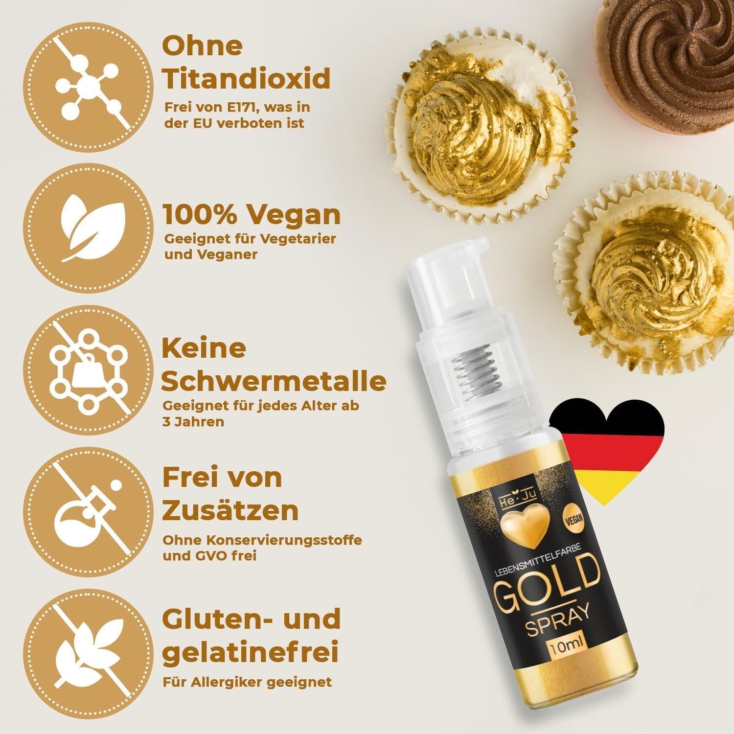 Spray colorant alimentar He-Ju, auriu, 10 g, pudră de aur comestibilă, vegană și fără E171, sclipici comestibil pentru băuturi