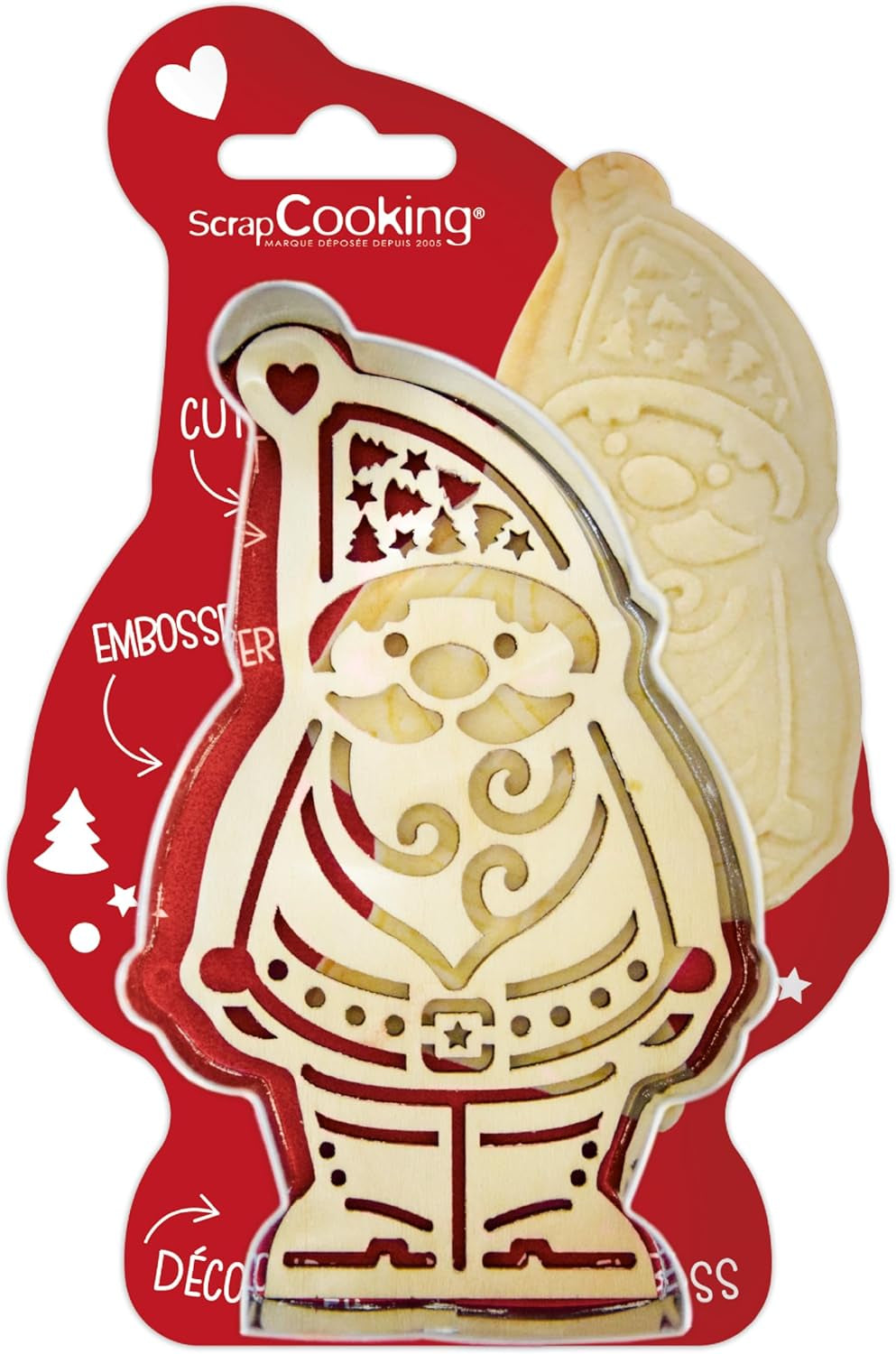 ScrapCooking – Set de tăiat fursecuri din lemn și embossare cu Moș Crăciun – Formă de tăiat fursecuri de Crăciun din oțel inoxidabil pentru fursecuri în relief – Accesorii de copt – Idee de cadou de Crăciun în bucătărie – 2079