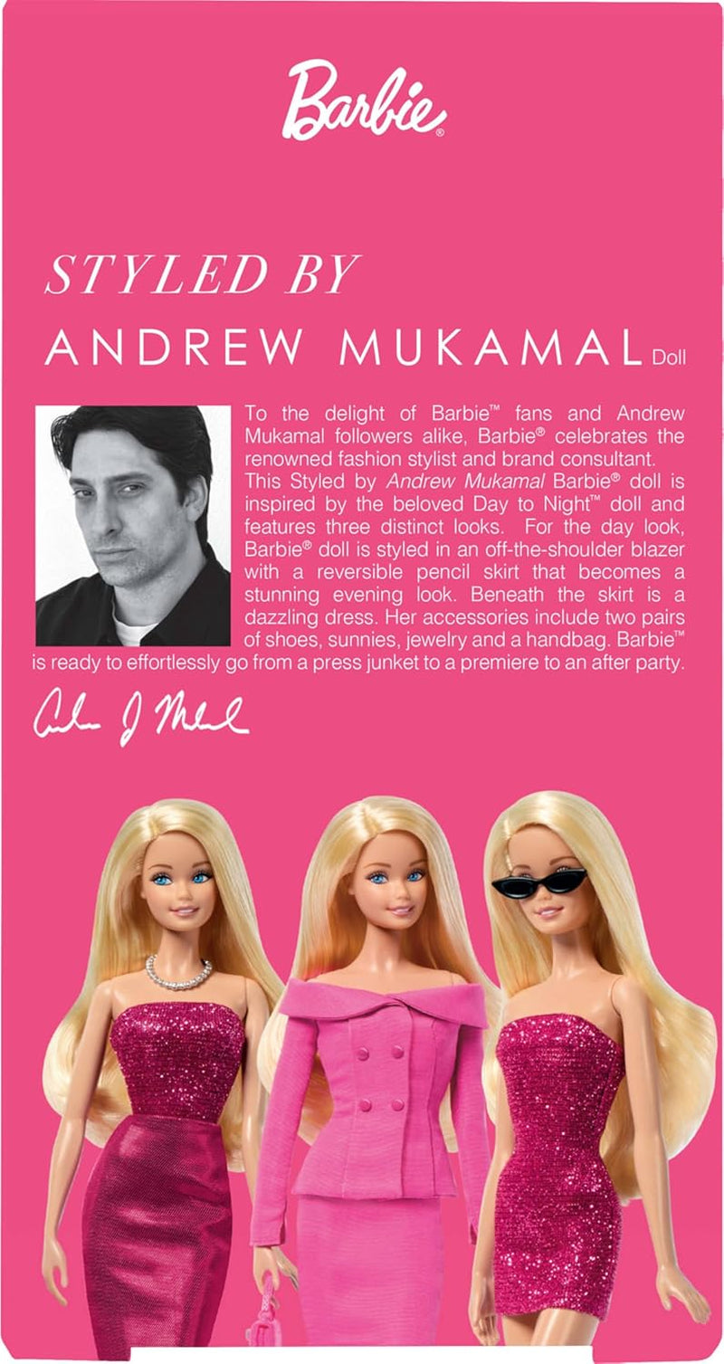 Barbie Signature gestylt von Andrew Mukamal Modepuppe, Sammelpuppe mit 3 Day-to-Night Looks und Accessoires, mit Puppenständer, JBH81