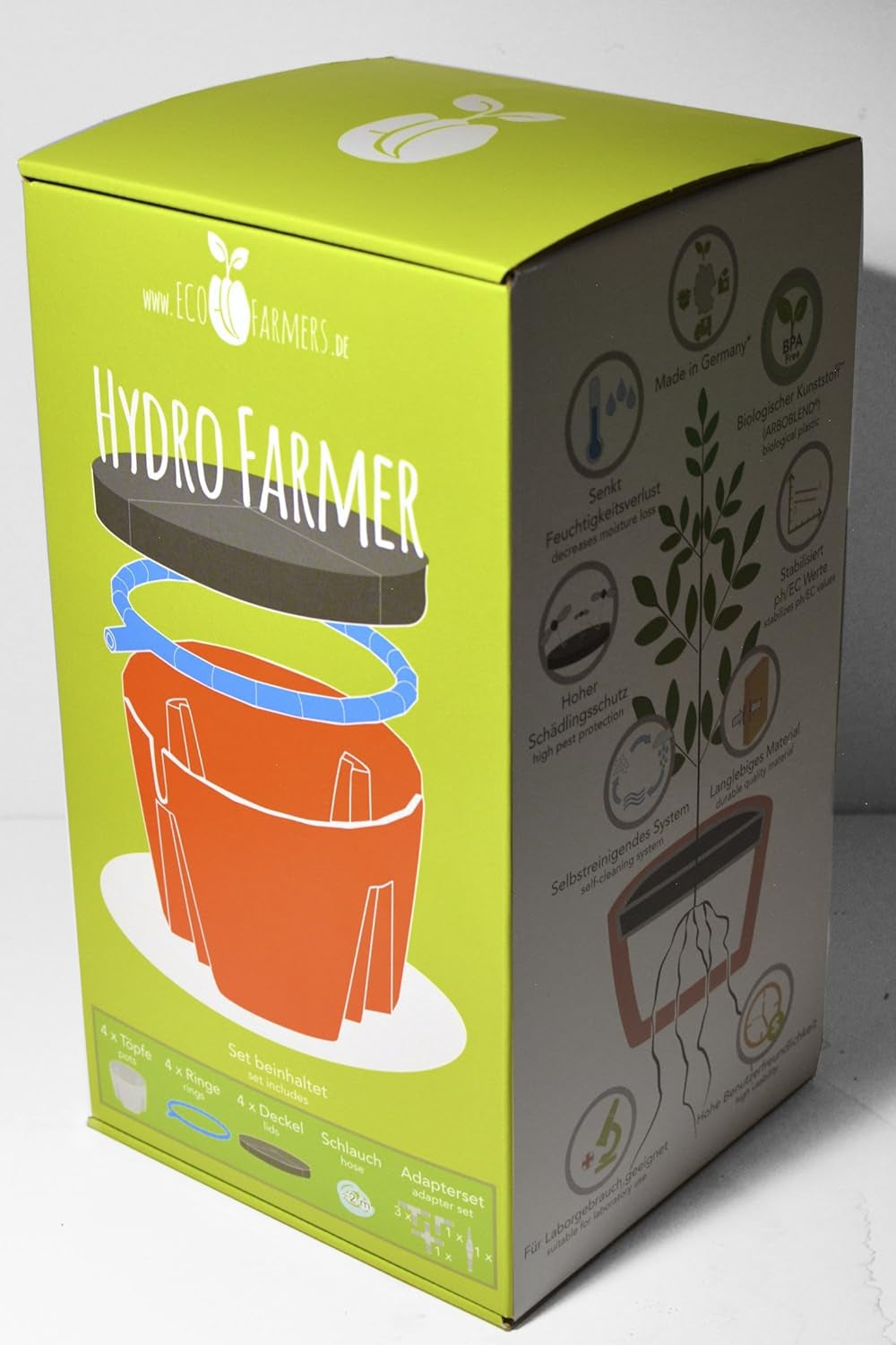 Hydro Farmer, set de ghivece cu 19 piese Ø 18 cm (verde), sistem de creștere care include 4 ghivece, 4 inele de udare, 4 capace, set adaptor și furtun de 2 m, hidroponică, aeroponică