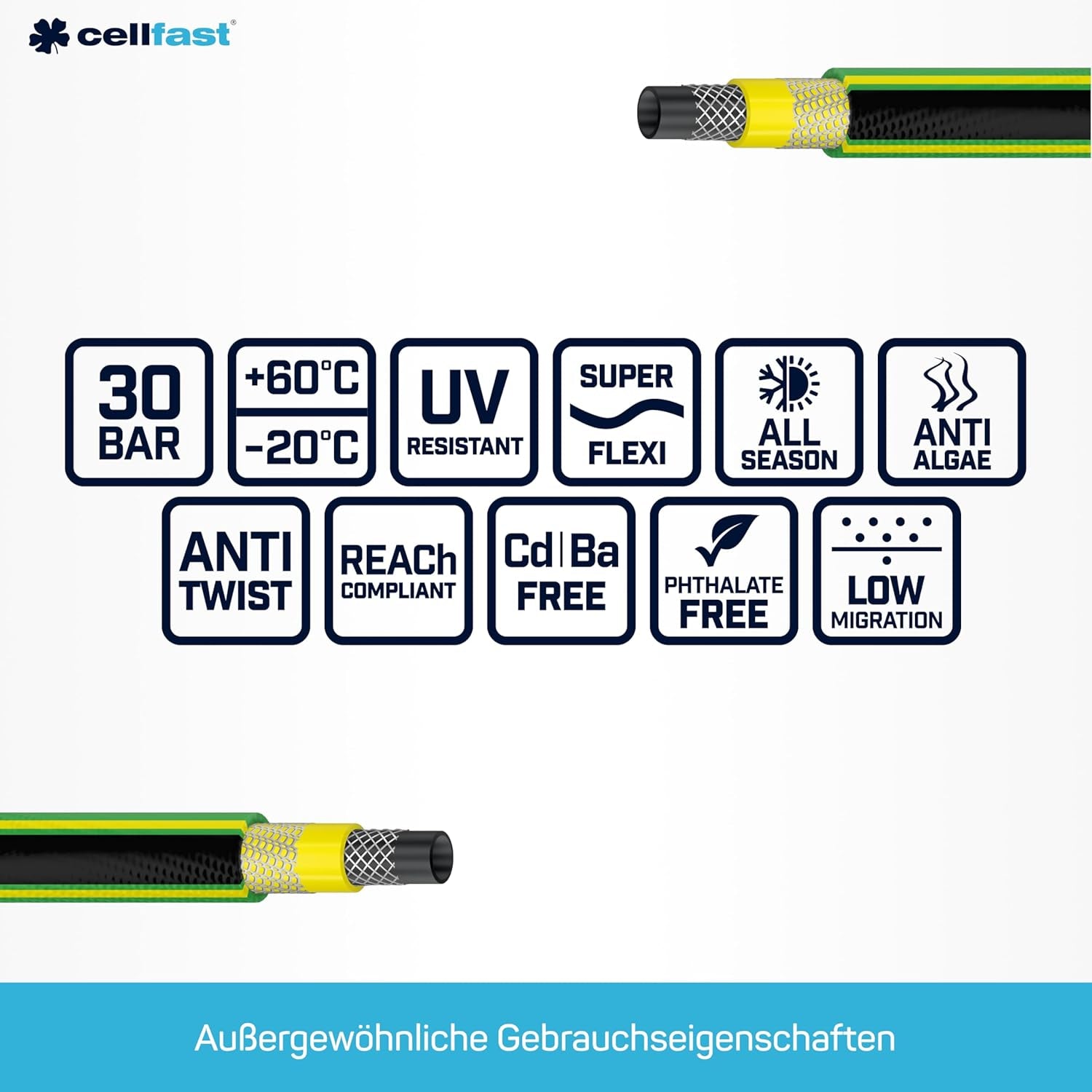Furtun de grădină CELLFAST, furtun de apă cu 5 straturi, material textil dublu împletit cu bordură transversală, furtun de irigații, rezistent la UV, anti-alge, flexibil, 30 bar, 3,4 inci, 50 metri, verde