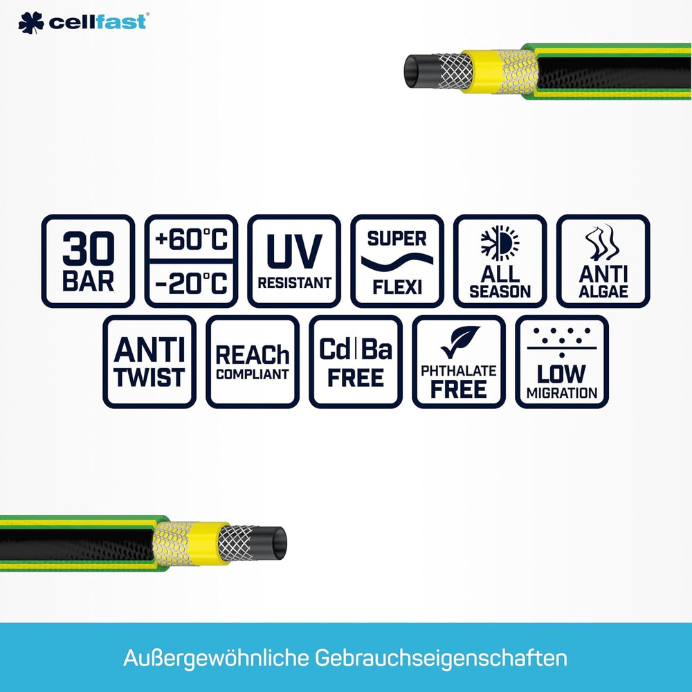 Furtun de grădină CELLFAST, furtun de apă cu 5 straturi, material textil dublu împletit cu bordură transversală, furtun de irigații, rezistent la UV, anti-alge, flexibil, 30 bar, 3,4 inci, 50 metri, verde