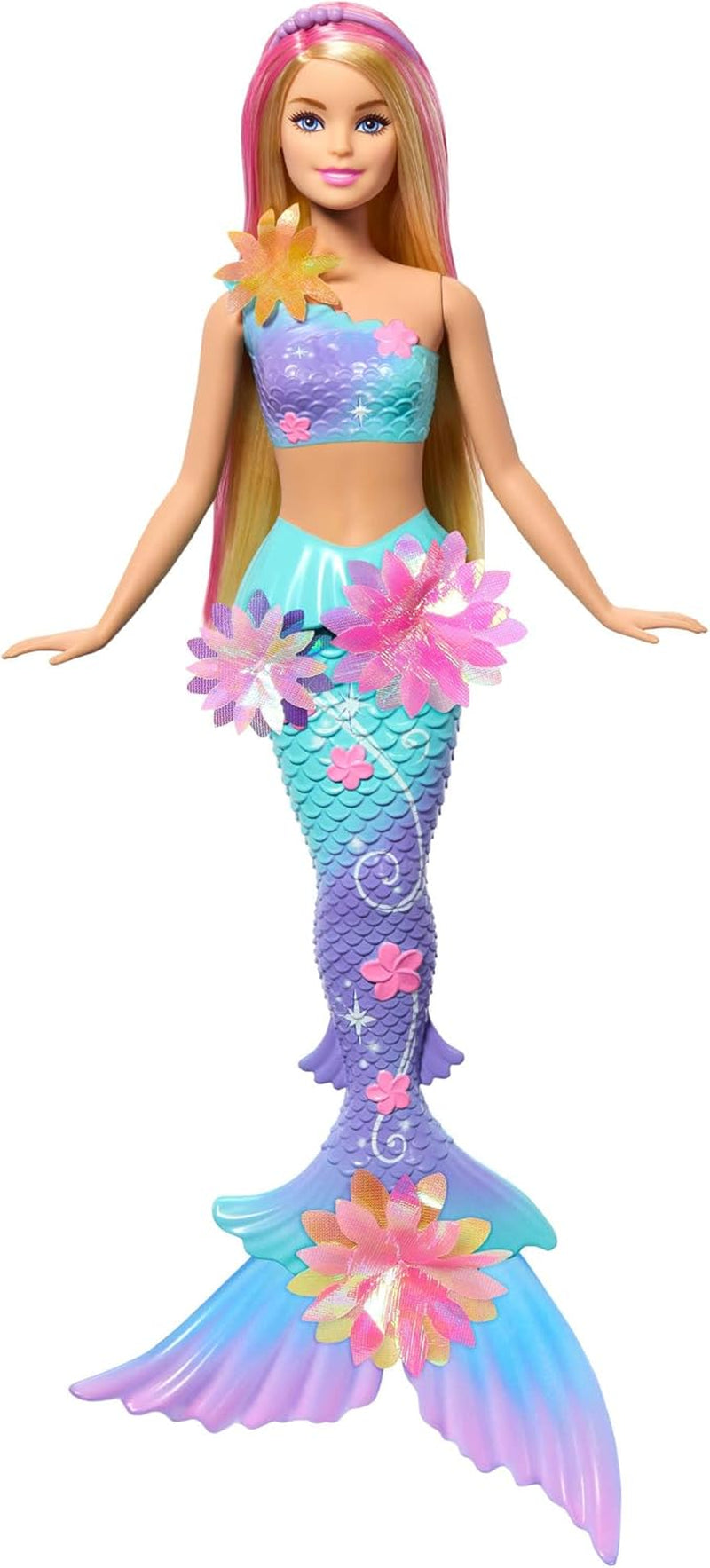 Barbie Meerjungfrauen-Spielzeugpuppe mit magischer Überraschungsblüte, Schwanzflosse mit Farbverlauf, perlenbesetztem Haarreif und langem blonden Haar mit rosa Strähchen, JDM72