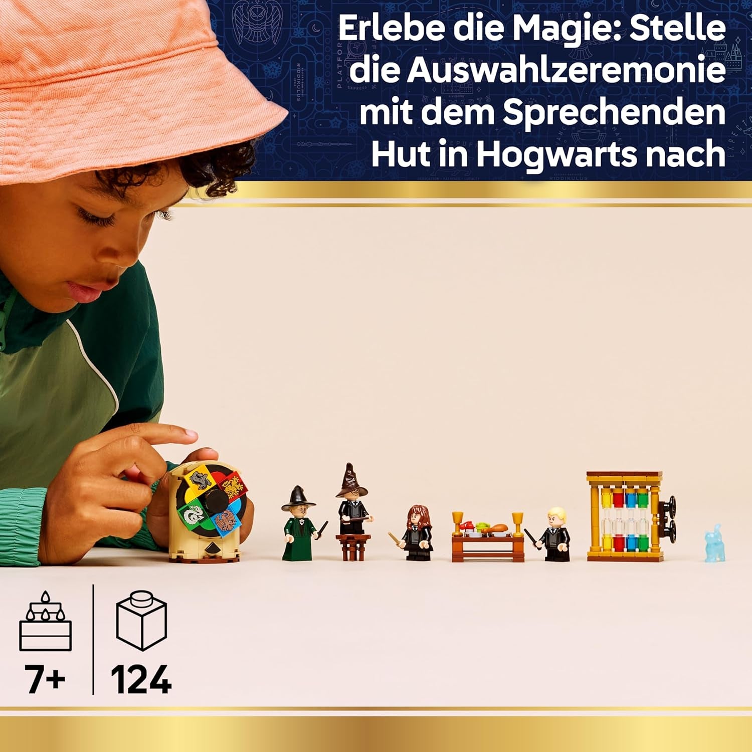 LEGO Harry Potter Schloss Hogwarts: Auswahlzeremonie mit dem Sprechenden Hut - Patronus, Hermine und Draco Malfo Minifiguren mit Zauberstäben, Spinnrad - Geschenk für Kinder ab 7 Jahren - 76460