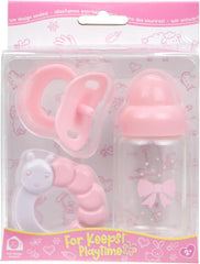 JC Toys- Set de 3 accesorios para muñecas (biberón, chupete y sonajero), rosa y Blanco, se adapta a todas las muñecas de Hasta 50 cm, +2 años