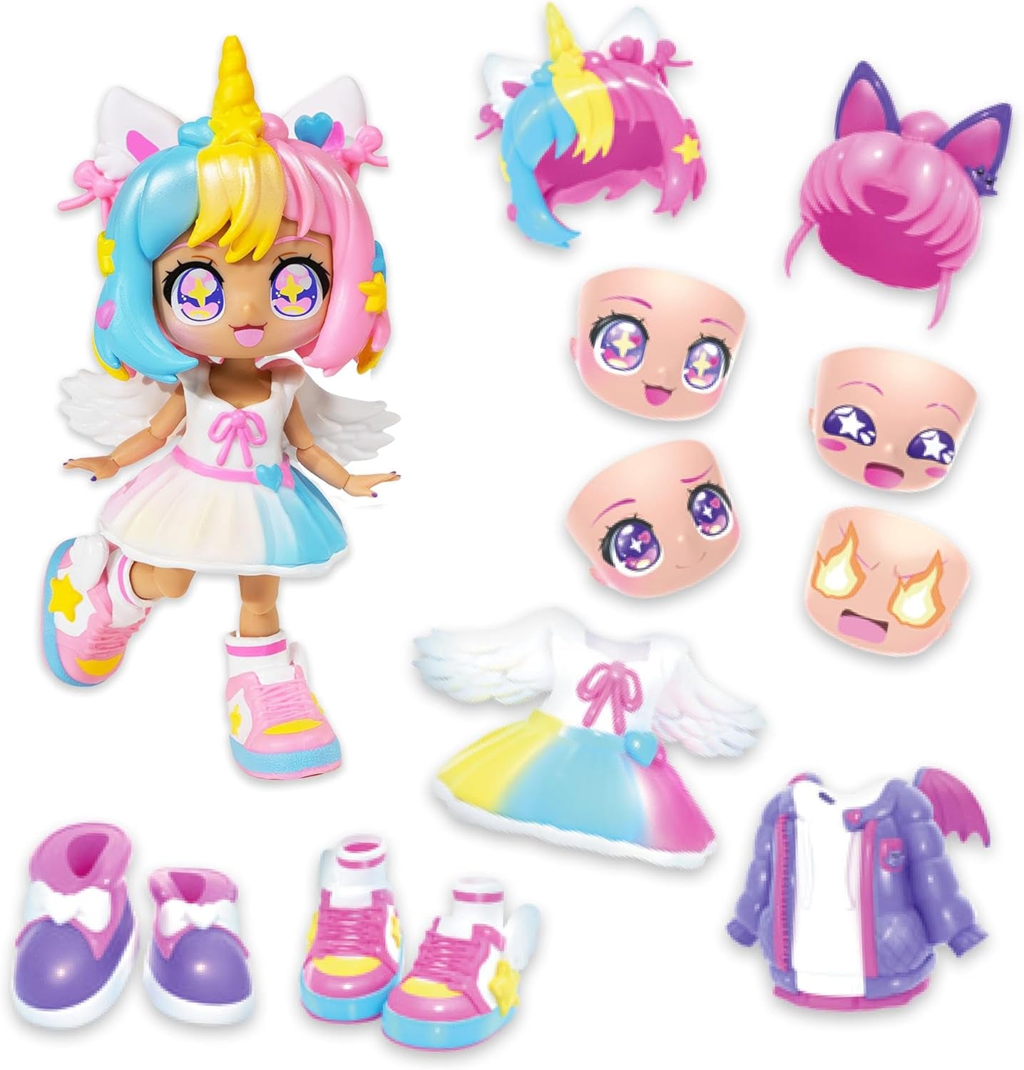 BANDAI - Animakii Einhorn und Fledermaus - Set Personalisierbare Puppen - 1 Puppe, 4 Gesichter, 2 Frisuren, 2 Outfits, 2 Paar Schuhe - Kreatives Spielzeug ab 5 Jahren - HEA26348