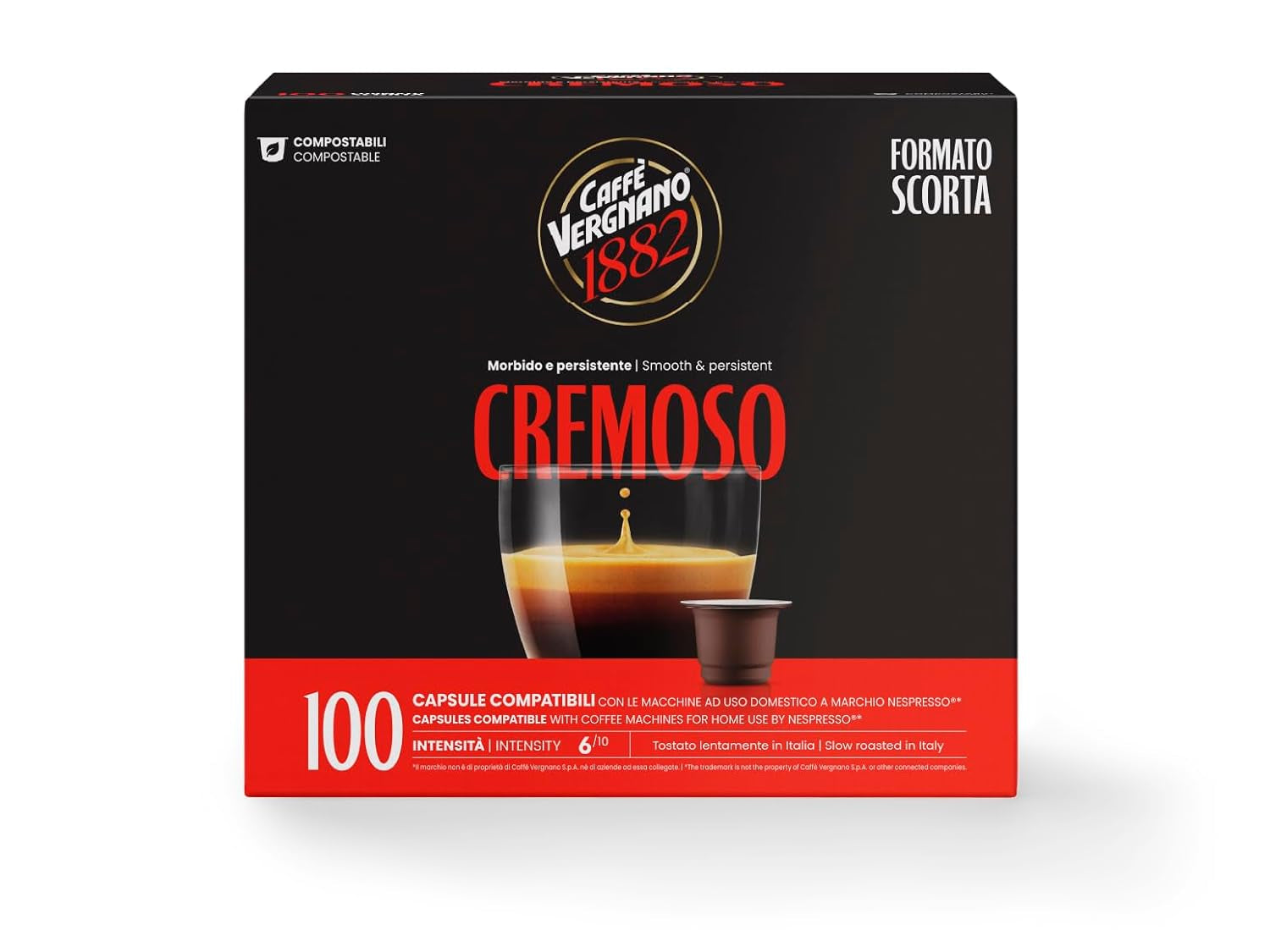 Caffè Vergnano 1882 - Èspresso Kompostierbare Kaffeekapseln, Kompatibel Mit Nespresso, Cremoso (Cremig) - Packung Enthält 100 Kapseln