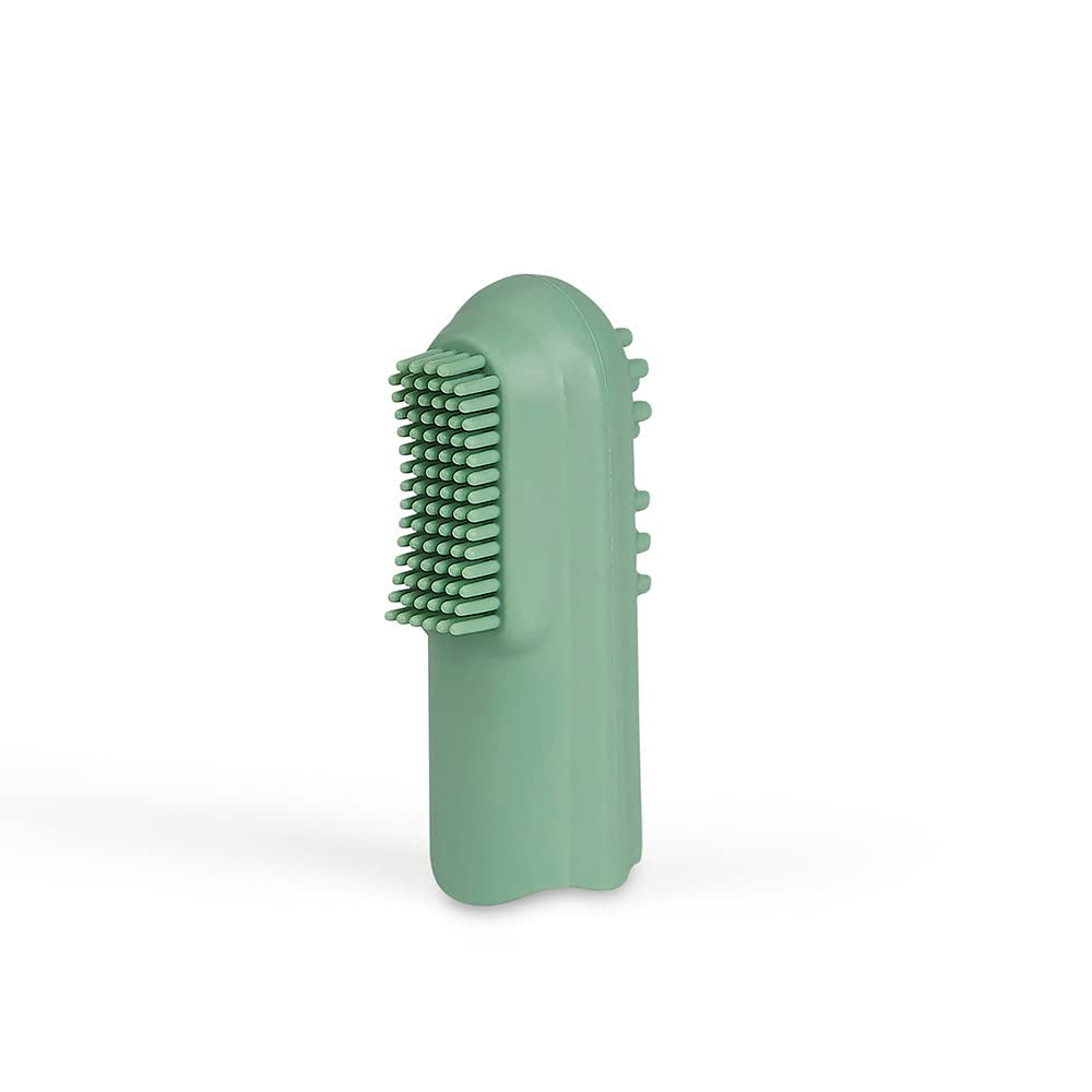 Inel de dentiție din cauciuc natural organic pentru bebelușii care își fac dentiția, masează gingiile, fără BPA, moale, promovează motricitatea fină, design cu dinozauri (639-V1) și periuță de dinți pentru degete din cauciuc natural
