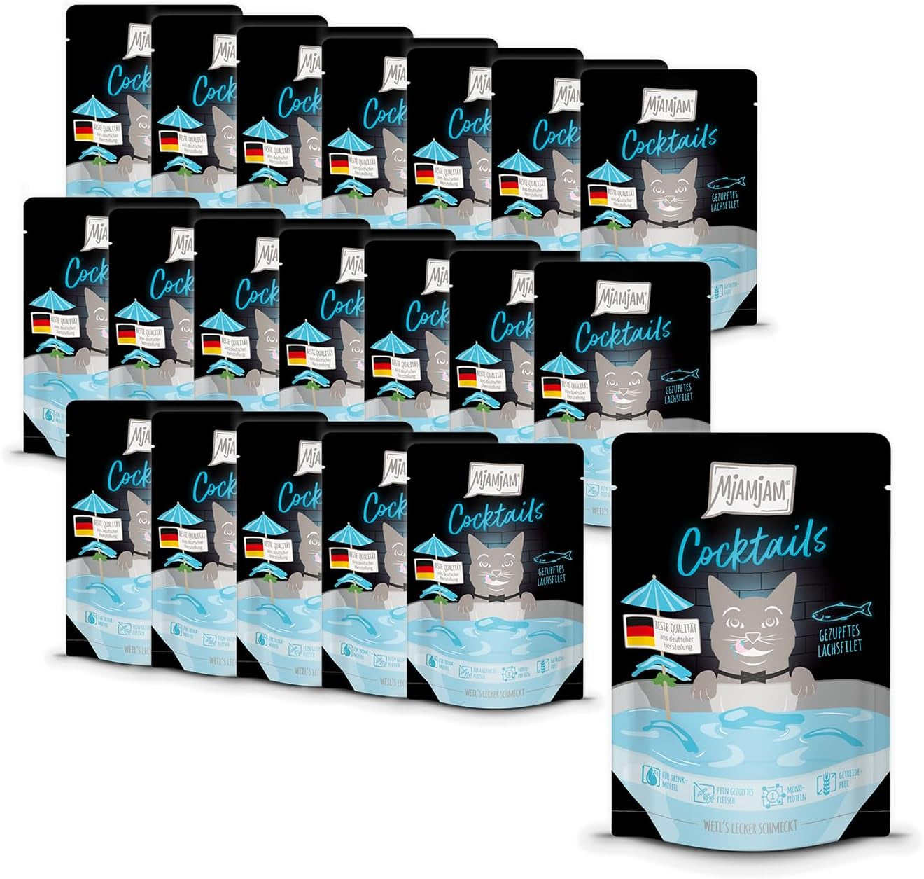 MjAMjAM - Băutură delicioasă pentru pisici - Cocktailuri - File de somon tras, pachet de 20 (20x40), fără cereale