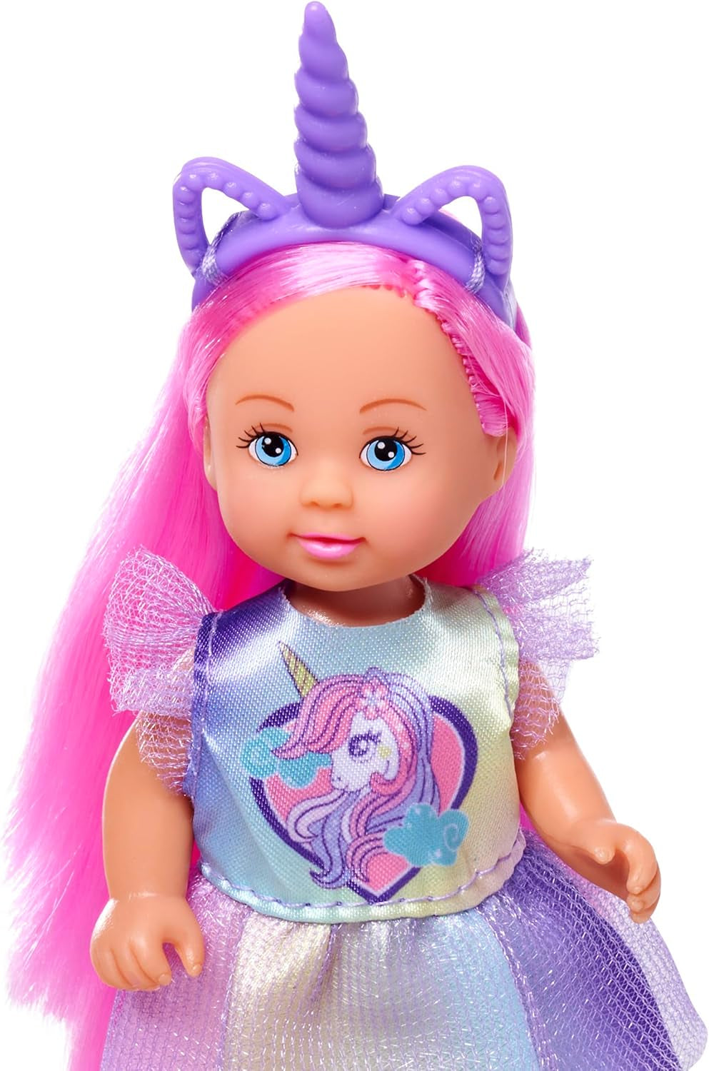 Simba Evi Love Unicorn, o păpușă de joacă care poartă o rochie drăguță de unicorn cu o bentiță asortată, inclusiv un unicorn cu grajd, mere și o sticlă de băut, 12 cm, vârste 3+
