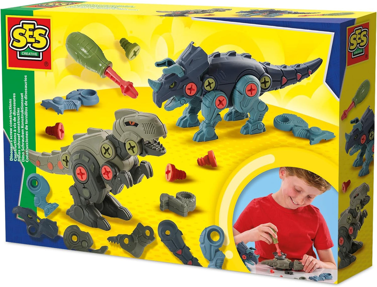 SES Creative 14291 Dino-Schraubkonstruktionen - Kreatives Bauset für Kinder ab 5 Jahren - Baue einen T-Rex und Triceratops - Fördert Problemlösungsfähigkeiten und Spaß, Weiß