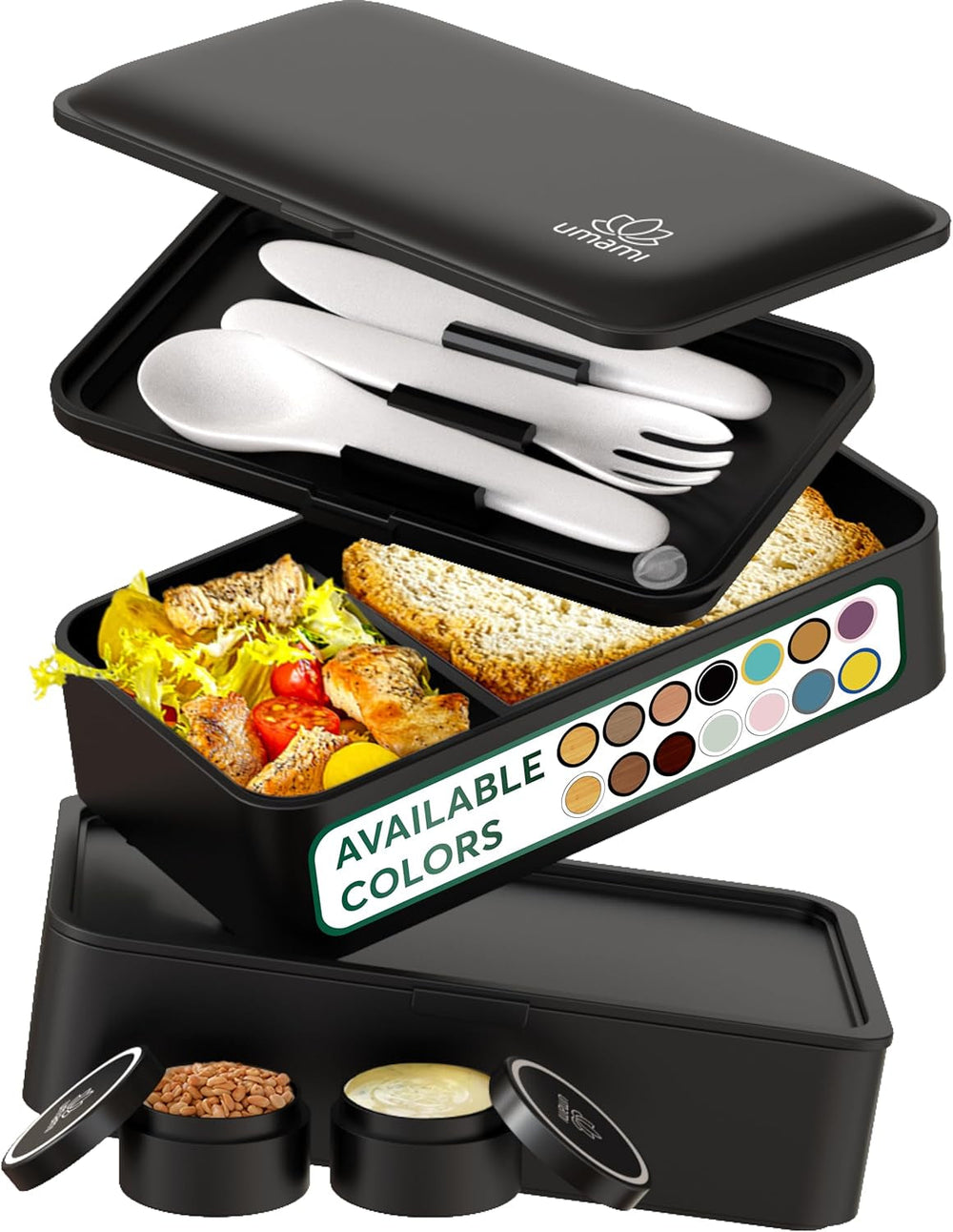 Cutie de prânz Umami pentru adulți, cutie bento stivuibilă etanșă cu 4 tacâmuri și compartimente, cutie de prânz pentru adulți, recipient pentru salată to-go, cutie de prânz pentru picnic / birou, gri cărbune, 1500 ml Cutii depozitare alimente Naty Shop Negru mat L - 1200 Ml