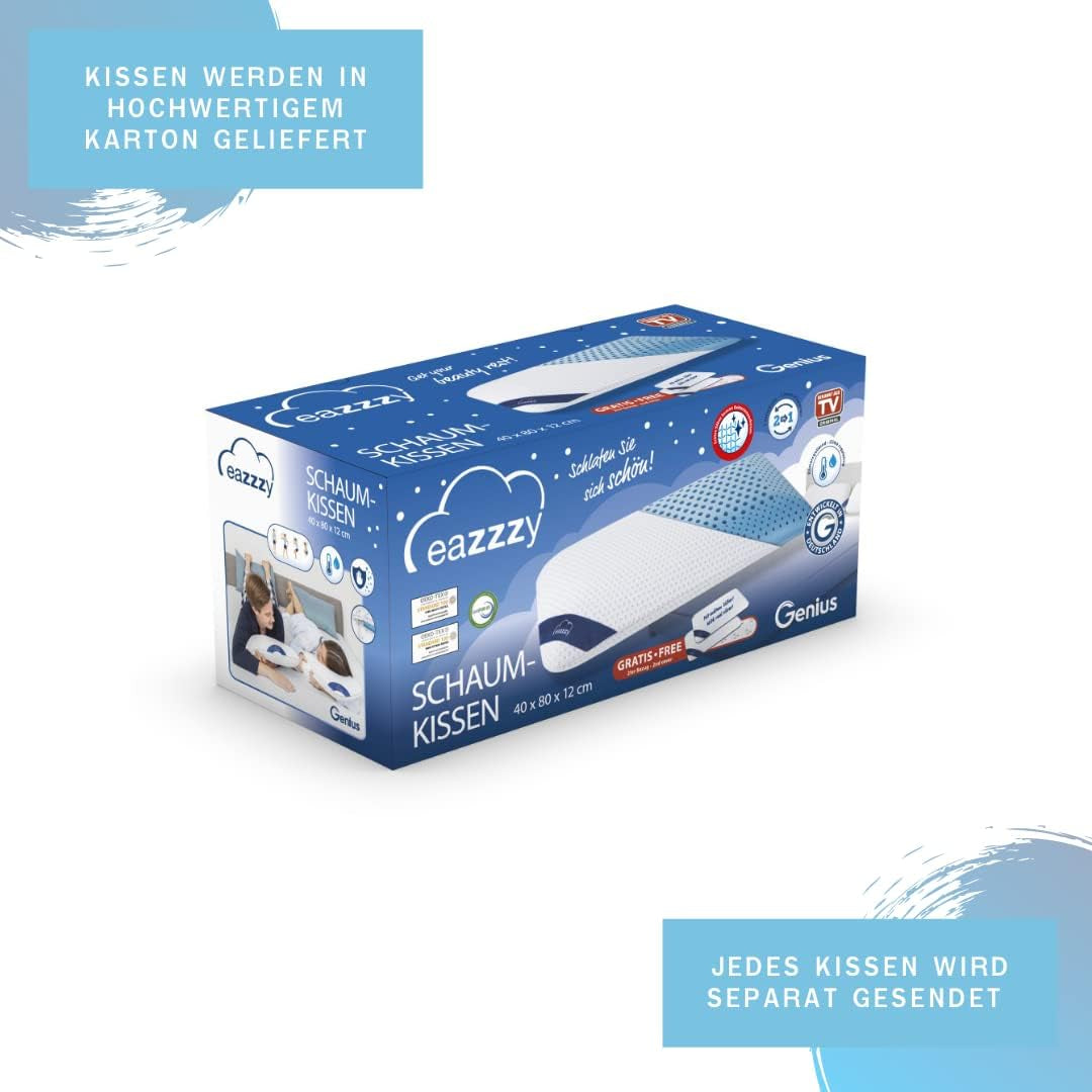 Genius Eazzzy pernă din spumă 40X80 Cm înălțime 10Cm - Pernă de susținere a gâtului cu 2 grade de duritate + spumă de gel de răcire - Pernă de dormit pentru cei care dorm lateral, pe spate și pe stomac împotriva durerilor de gât, poliester Perne standard Naty Shop
