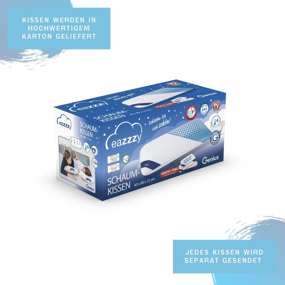 Genius Eazzzy pernă din spumă 40X80 Cm înălțime 10Cm - Pernă de susținere a gâtului cu 2 grade de duritate + spumă de gel de răcire - Pernă de dormit pentru cei care dorm lateral, pe spate și pe stomac împotriva durerilor de gât, poliester Perne standard Naty Shop