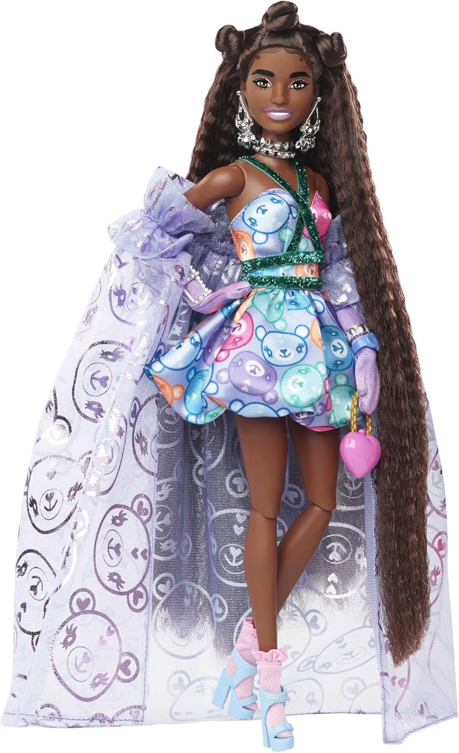 Barbie Extra Fancy, Langen schwarzen Haaren & Teddykleid, Sonnenbrille, Schmuck, Handschuhe, Geldbörse, High Heels, Bär mit EIS am Stiel, inkl. Barbiepuppe, als Geschenk geeignet,HHN13