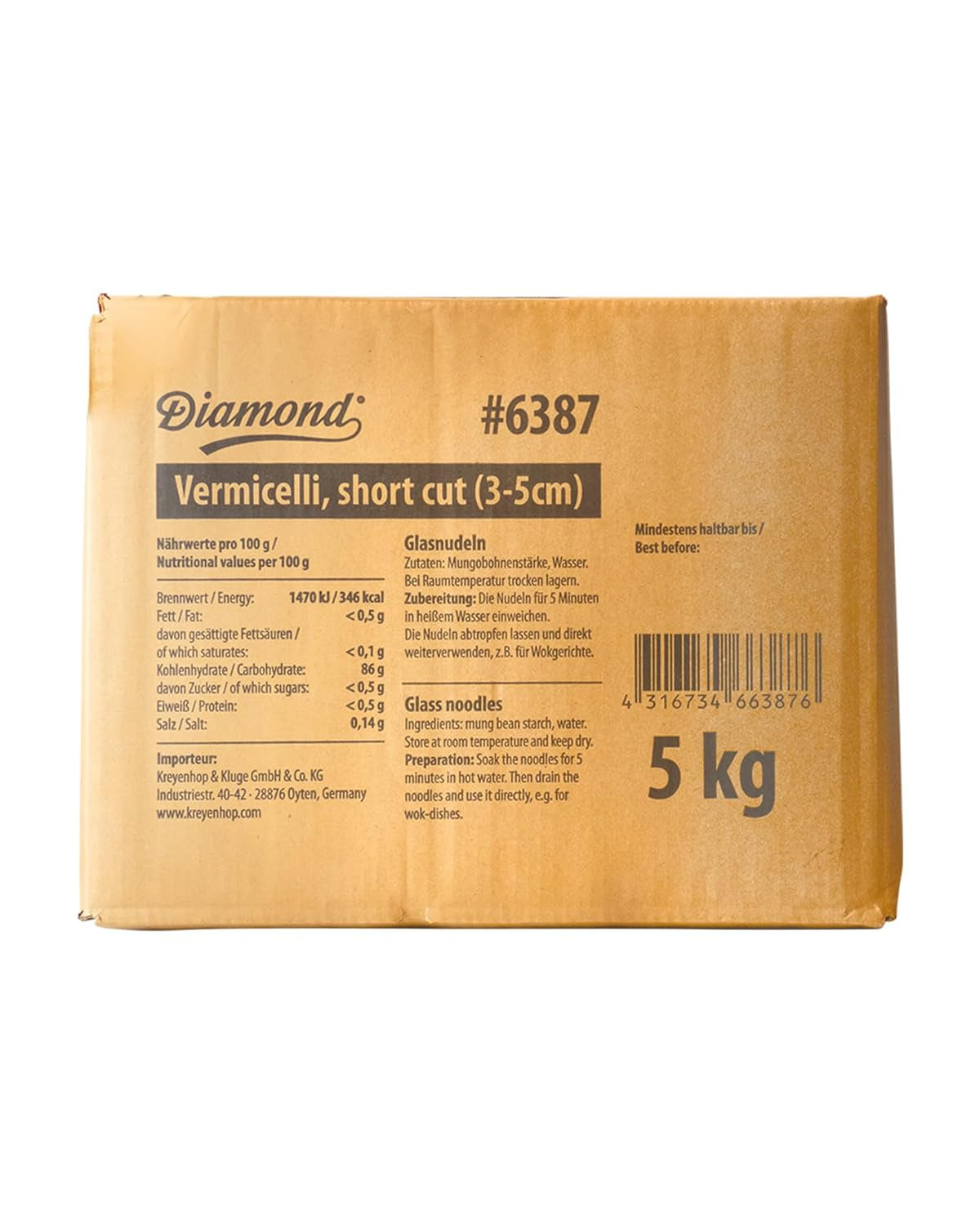 Tăiței de sticlă DIAMOND, tăiței scurți de sticlă din amidon de fasole mung, natural vegani și fără gluten - 1 x 5 kg