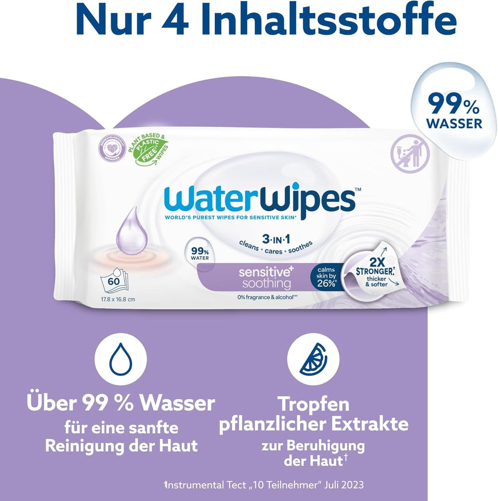Șervețele umede WaterWipes Sensitive+ Soothing Clean, 720 bucăți (12 pachete), curățare, îngrijire și calmare 3 în 1, 99% apă cu extract de plante, șervețele umede pentru bebeluși fără parfum