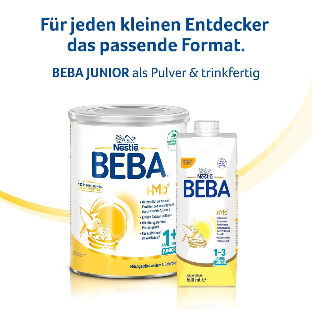 Băutură cu lapte BEBA Junior 1+ de la 1 an, Cu HMO, Conținut de proteine adaptat vârstei, Numai lactoză, Fără ulei de palmier, Fără ulei de pește, Hrană pentru copii mici, Lapte praf pentru bebeluși, Pachet de 6 (6 x 800g)