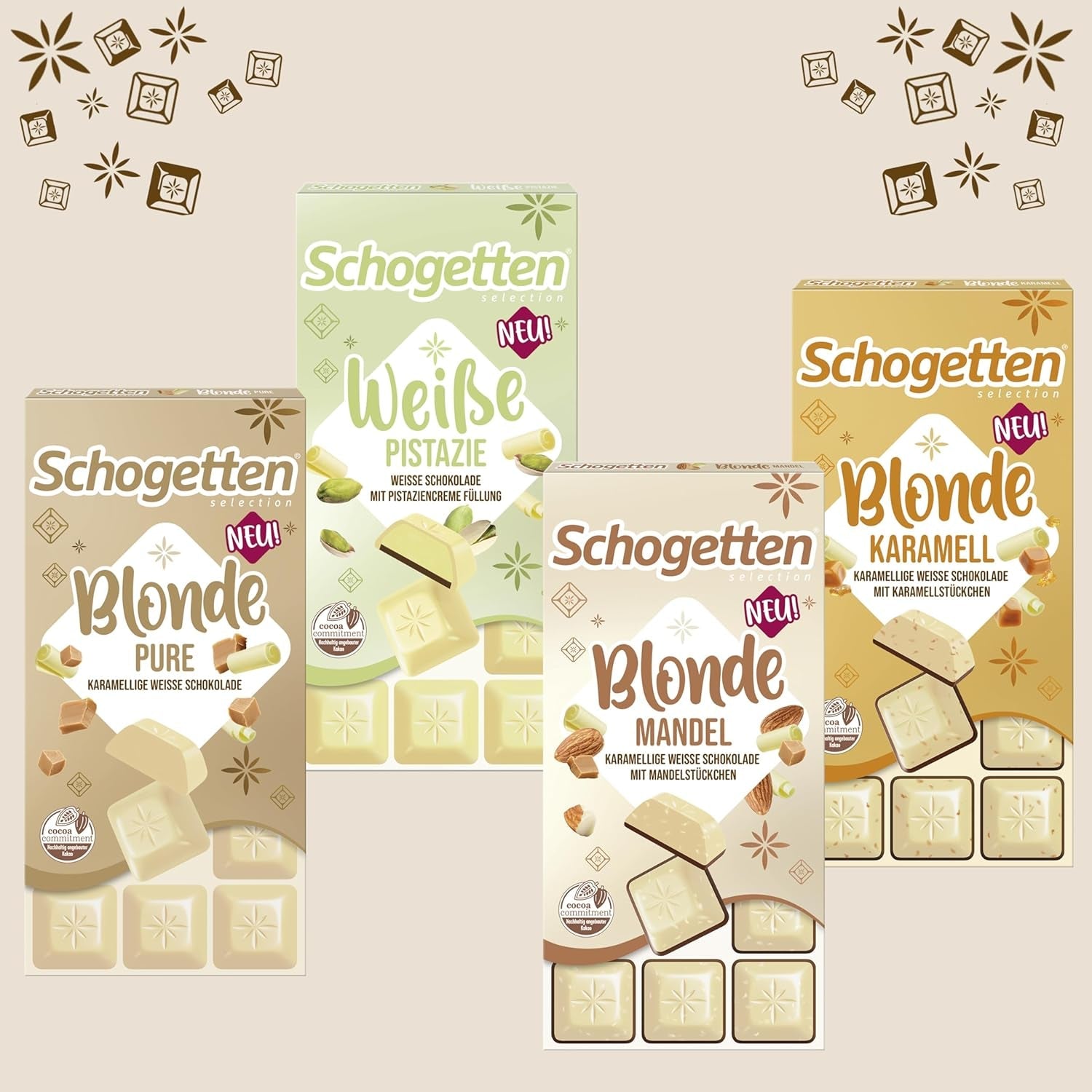 Schogetten Blonde Almond | Ciocolată albă cu caramel și bucăți de migdale | 100 g | Porționat convenabil (pachet de 2)