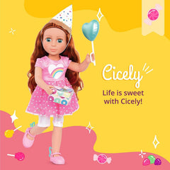 Glitter Girls - Cicely - 36 cm Geburtstagspuppe - Regenbogen Herz Kleid, Geburtstag Hut, Kuchen, Ballon - Poseable Arme & Beine - Rote Haare und grüne Augen - 3 Jahre +
