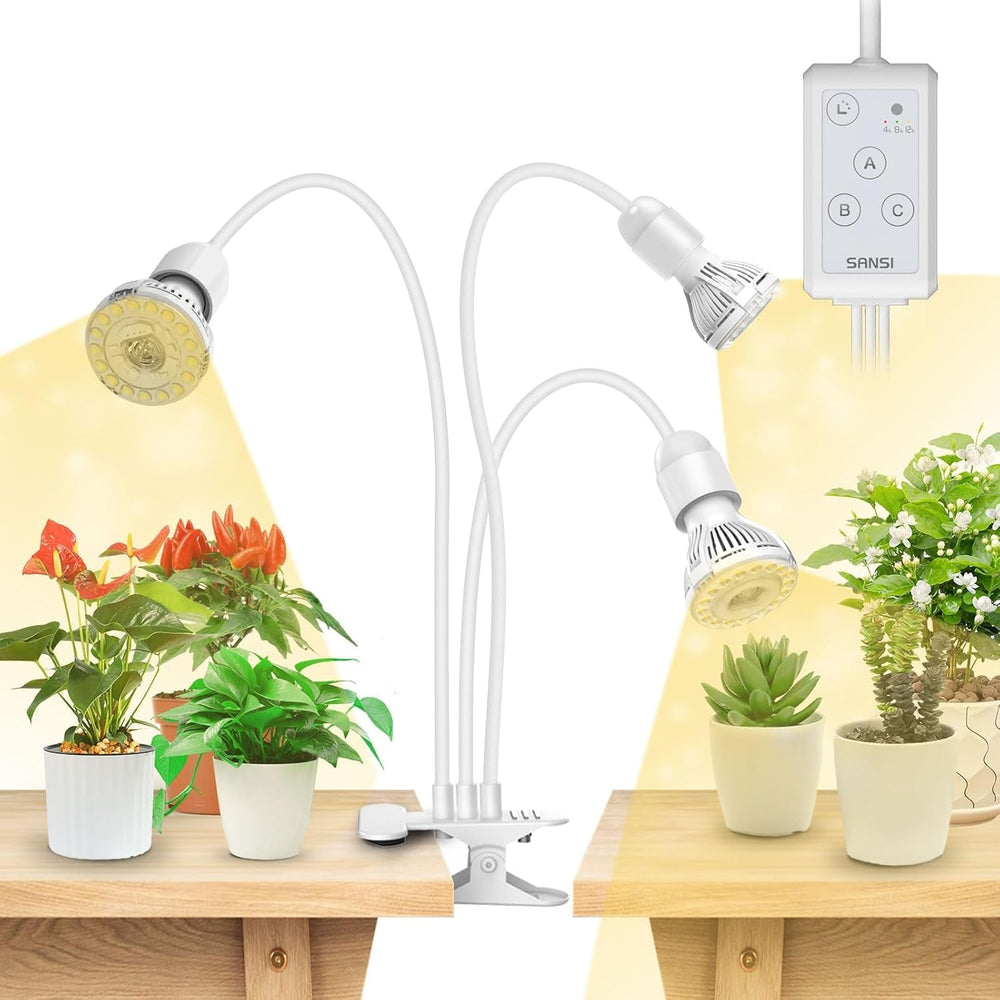 Lampă LED SANSI pentru plante de interior, lampă de creștere cu 2 capete, spectru complet de 10W (echivalent 150W), temporizator 4/8/12 ore, lumină suspendată pentru plante de interior, seră, hidroponică