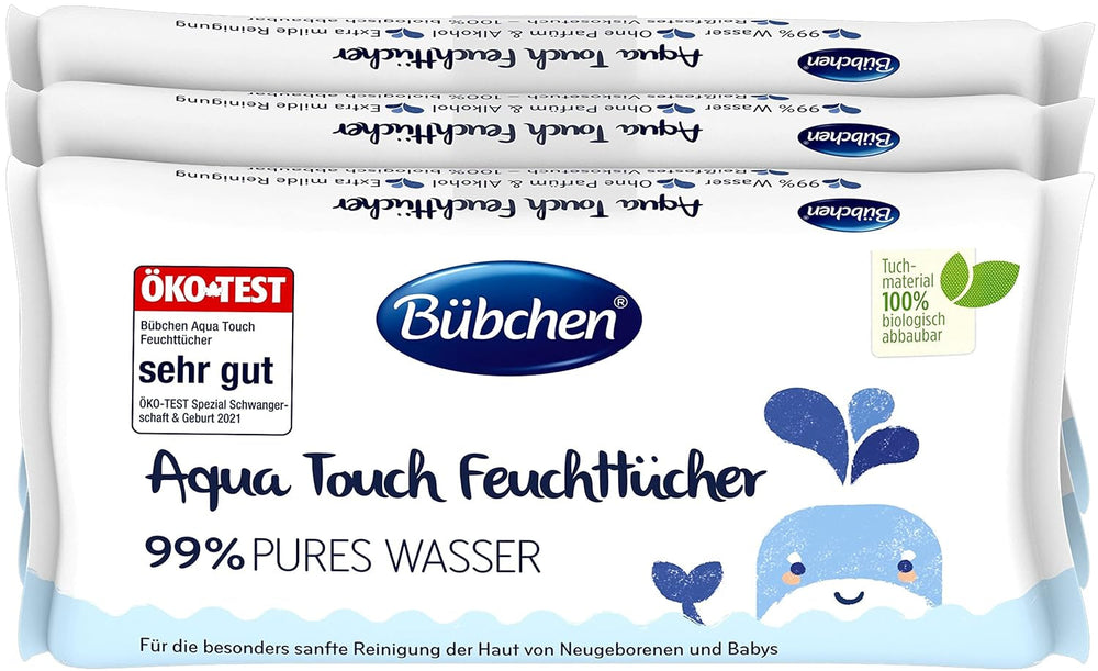Șervețele umede Bübchen Aqua Touch pentru bebeluși, 144 bucăți (3 x 48) – șervețele pentru îngrijirea pielii sensibile cu 99% apă pură, șervețele umede pentru nou-născuți și bebeluși