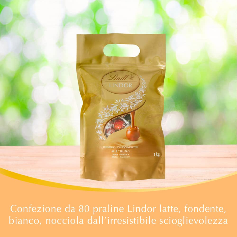 Mix de ciocolată LINDOR | 1371 g | Aprox. 109 bile: Mix clasic pentru bile de ciocolată cu lapte și LINDOR | Aprox. 80 de bile de ciocolată (lapte, albă, neagră 60%, alune) | Pachet vrac, 1 kg