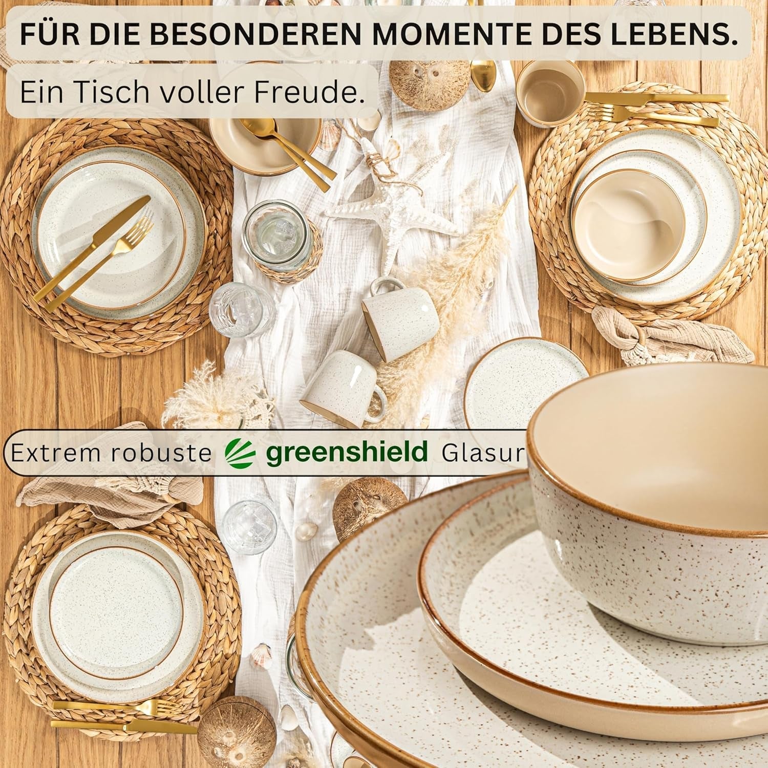 SÄNGER Rio Creme | Set de veselă din gresie pentru 6 persoane, format din 18 piese, inclusiv 6 farfurii de cină, 6 farfurii de desert și 6 boluri | COLECȚIA VALUE