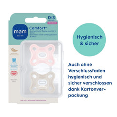 Suzetă MAM Comfort | 0-3 luni | Suzetă pentru prematuri și nou-născuți | Suzetă potrivită pentru alăptare | Extra mică și ușoară | Extra moale | 100% silicon | Roz/Bej | Pachet de 2