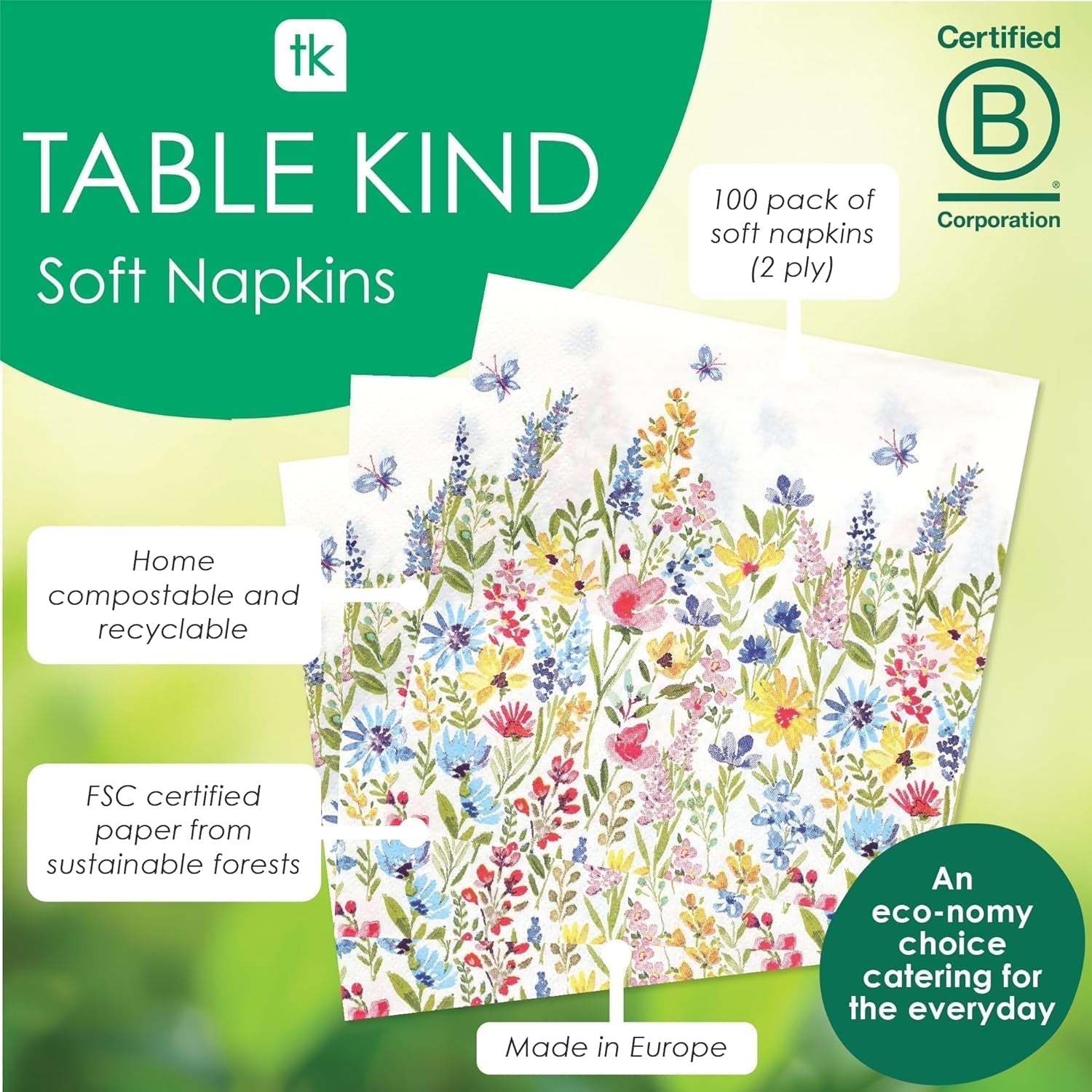 Talking Tables Table Kind Șervețele de unică folosință, șervețele din hârtie moale, șervețele de unică folosință, model floral, pentru nunți sau uz zilnic, ecologice, compostabile, reciclabile