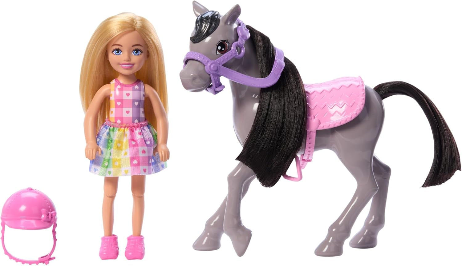 Barbie Chelsea und Pony Puppe und Pony - Aufsatteln zur Spielzeit für sicheres Sitzen auf dem Pferd, rosa Sattel und Steigbügeln, inklusive Helm und süßem Karo-Kleid, für Kinder ab 3 Jahren, HTK29