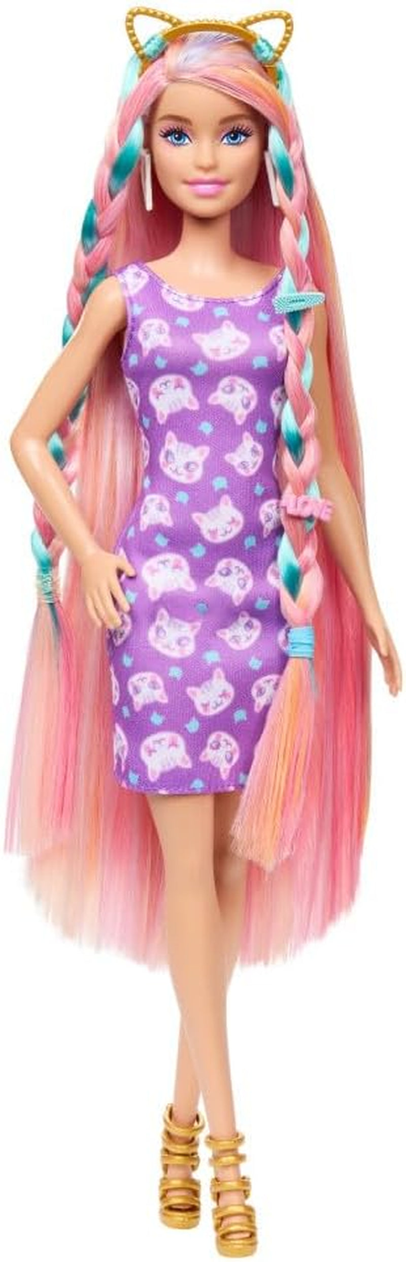 Barbie Totally Hair - Puppe mit extra Langen, frisierbaren Regenbogenhaaren und 10 Mode- und Styling-Accessoires, gepunktetes Kleid im Colorblock-Stil, für Kinder ab 3 Jahren, HKT96