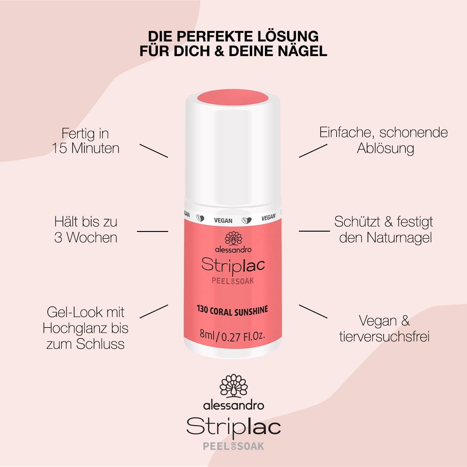 Oja UV alessandro Striplac Coral Sunshine – Delicată și de lungă durată – Îndepărtare ușoară datorită tehnologiei de îndepărtare – Vegană și cruelty-free – 8 ml