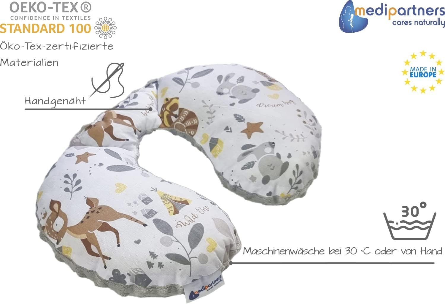 Medi Partners Perna de gât pentru copii Suport pentru gât 100% bumbac / minky pernă de gât pentru copii pentru mașină cărucior călătorie călătorie somn pernă de gât snooze roll (REH cu gri Minky) Perne ortopedice cervicale Naty Shop
